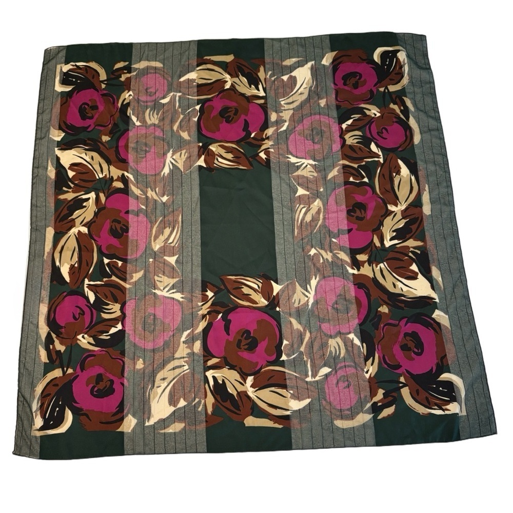 Vintage Floral & Striped Silk Feel Scarf Dark Green Maroon Brown 34" Square